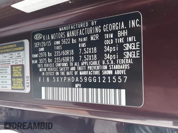 ✅ 2016 Kia Sorento EX • VIN: 5XYPHDA59GG121557 • Lot: 42358212. Listed on IAAI with 186,035 mi. Free auction sales archive from the USA and detailed vehicle history report at DreamBid. Image 9.