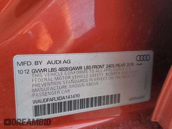 ✅ 2013 Audi A4 Premium • VIN: WAUDFAFLXDA141470 • Лот: 60891295. Опубликован ранее на Copart с пробегом Не указан. Бесплатный доступ к архиву аукционных продаж из США и подробный отчёт об истории автомобиля на DreamBid. Изображение 12.