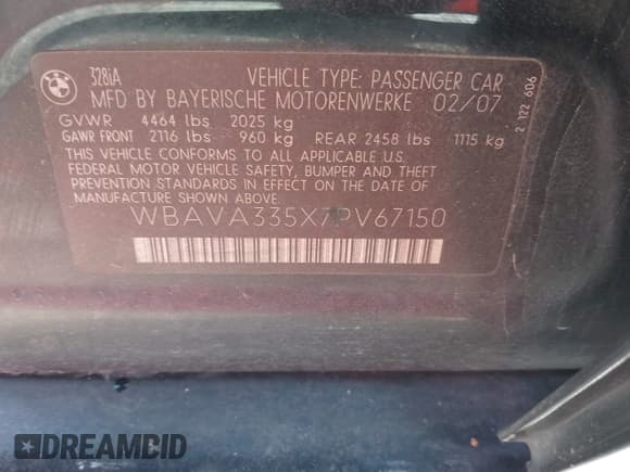 ✅ 2007 BMW 3 Series 328i • VIN: WBAVA335X7PV67150 • Lot: 42394401. Listed on IAAI with 278,351 mi. Free auction sales archive from the USA and detailed vehicle history report at DreamBid. Image 9.