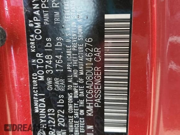 ✅ 2013 Hyundai Veloster w/Black Int • VIN: KMHTC6AD8DU146276 • Lot: 91920935. Wystawiony na Copart z przebiegiem 60 957 mil. Bezpłatny archiwum sprzedaży aukcyjnych z USA i szczegółowy raport historii pojazdu na DreamBid. Zdjęcie 12.