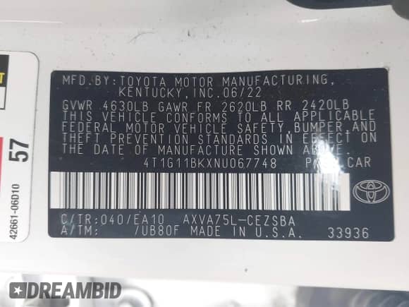 2022 Toyota Camry SE with VIN 4T1G11BKXNU067748, listed as a IAAI auction lot 42637849 with 73,909 mi miles and . Bid and sale history available at DreamBid. Image 9.