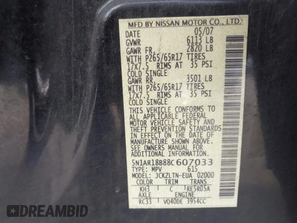 ✅ 2008 Nissan Pathfinder S • VIN: 5N1AR18B88C607033 • Lot: 42237879. Listed on IAAI with 149,870 mi. Free auction sales archive from the USA and detailed vehicle history report at DreamBid. Image 9.