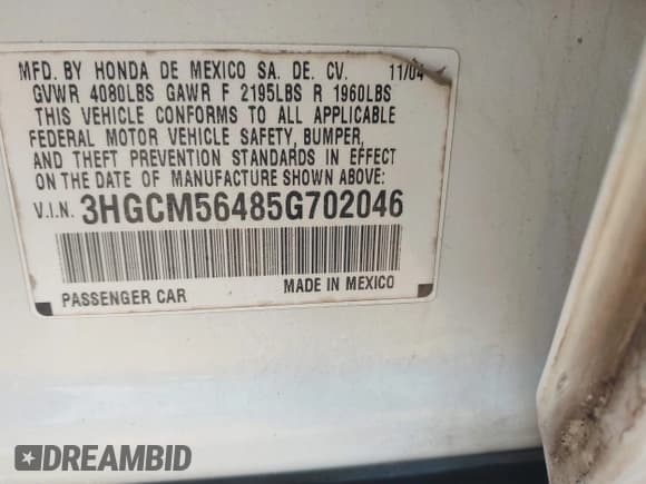 ✅ 2005 Honda Accord LX • VIN: 3HGCM56485G702046 • Lot: 43675637. Listed on IAAI with 249,745 mi. Free auction sales archive from the USA and detailed vehicle history report at DreamBid. Image 9.