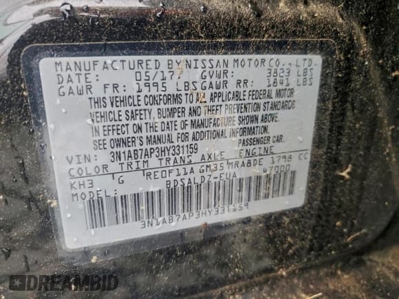 ✅ 2017 Nissan Sentra SL • VIN: 3N1AB7AP3HY331159 • Lot: 96066745. Listed on Copart with Not provided. Free auction sales archive from the USA and detailed vehicle history report at DreamBid. Image 12.