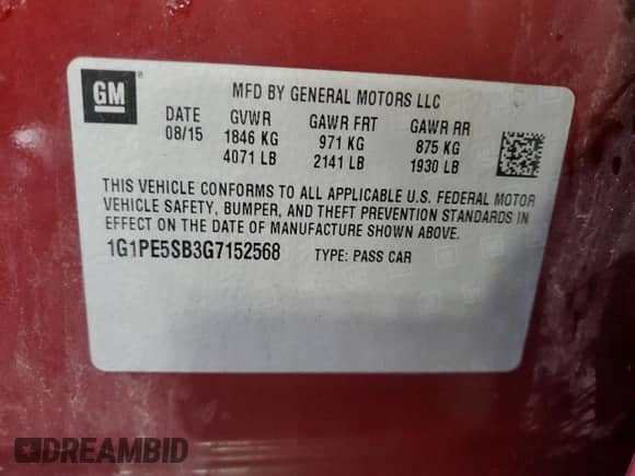 2016 Chevrolet Cruze LT с VIN 1G1PE5SB3G7152568, выставлен на аукционе Copart как лот 69251445 с пробегом 98 084 миль миль и Списание • Salvage title. История ставок и продаж доступна на DreamBid. Изображение 12.