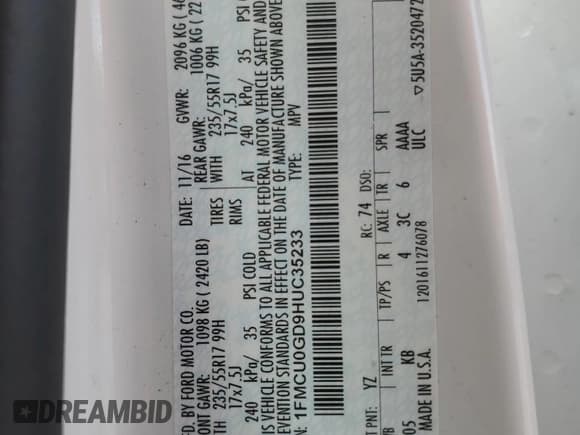 ✅ 2017 Ford Escape SE • VIN: 1FMCU0GD9HUC35233 • Lot: 93063295. Listed on Copart with 119,744 mi. Free auction sales archive from the USA and detailed vehicle history report at DreamBid. Image 14.