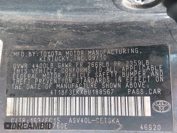 ✅ 2011 Toyota Camry LE • VIN: 4T1BF3EKXBU188567 • Lot: 43767502. Listed on IAAI with 266,186 mi. Free auction sales archive from the USA and detailed vehicle history report at DreamBid. Image 9.