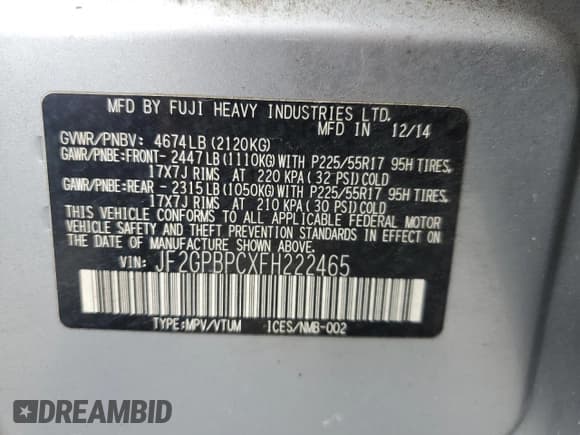 ✅ 2015 Subaru Crosstrek Touring • VIN: JF2GPBPCXFH222465 • Лот: 82145555. Опубликован ранее на Copart с пробегом 101 272 миль. Бесплатный доступ к архиву аукционных продаж из США и подробный отчёт об истории автомобиля на DreamBid. Изображение 14.