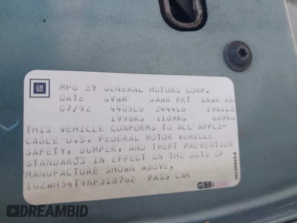 ✅ 1992 Pontiac Grand Prix LE • VIN: 1G2WH54T9NF318762 • Лот: 42480633. Опубликован ранее на IAAI с пробегом 53 773 миль. Бесплатный доступ к архиву аукционных продаж из США и подробный отчёт об истории автомобиля на DreamBid. Изображение 9.