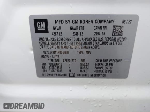 ✅ 2022 Chevrolet Trax LS • VIN: KL7CJNSM1NB548699 • Lot: 43390220. Listed on IAAI with 25,464 mi. Free auction sales archive from the USA and detailed vehicle history report at DreamBid. Image 9.