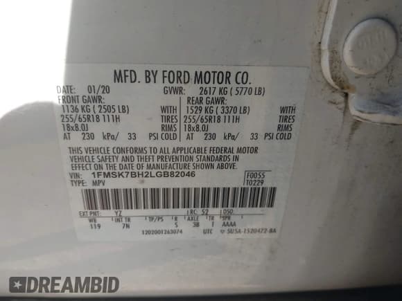 ✅ 2020 Ford Explorer • VIN: 1FMSK7BH2LGB82046 • Lot: 42324898. Listed on IAAI with 50,169 mi. Free auction sales archive from the USA and detailed vehicle history report at DreamBid. Image 9.