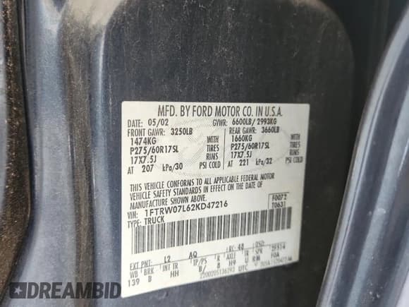 ✅ 2002 Ford F-150 XLT • VIN: 1FTRW07L62KD47216 • Лот: 80625115. Опубликован ранее на Copart с пробегом Не указан. Бесплатный доступ к архиву аукционных продаж из США и подробный отчёт об истории автомобиля на DreamBid. Изображение 12.