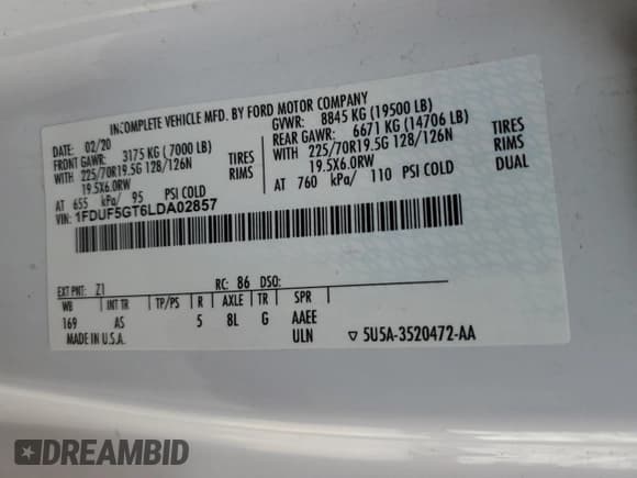 ✅ 2020 Ford F-550 XL • VIN: 1FDUF5GT6LDA02857 • Lot: 66393634. Wystawiony na Copart z przebiegiem Nie podano. Bezpłatny archiwum sprzedaży aukcyjnych z USA i szczegółowy raport historii pojazdu na DreamBid. Zdjęcie 10.