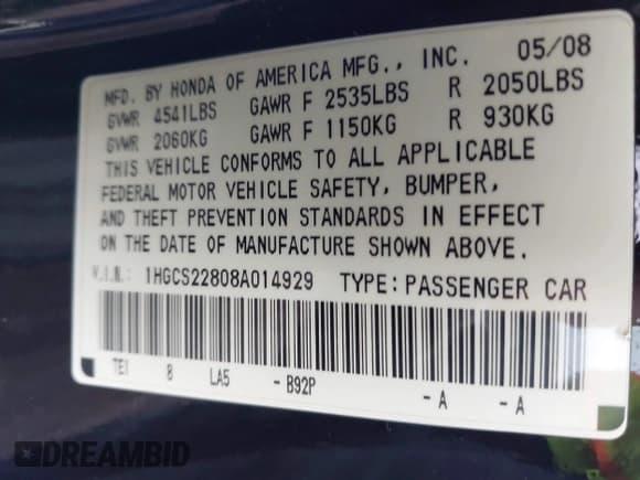 ✅ 2008 Honda Accord EX-L • VIN: 1HGCS22808A014929 • Lot: 43504316. Listed on IAAI with 211,628 mi. Free auction sales archive from the USA and detailed vehicle history report at DreamBid. Image 9.