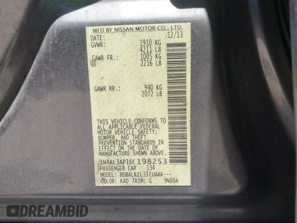 ✅ 2014 Nissan Altima SV • VIN: 1N4AL3AP1EC198253 • Lot: 42836828. Listed on IAAI with 252,974 mi. Free auction sales archive from the USA and detailed vehicle history report at DreamBid. Image 9.