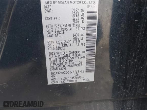 ✅ 2013 Nissan Pathfinder SV • VIN: 5N1AR2MM2DC673343 • Lot: 42502571. Listed on IAAI with 171,426 mi. Free auction sales archive from the USA and detailed vehicle history report at DreamBid. Image 9.