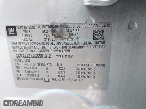 ✅ 2012 Chevrolet Captiva Sport LS • VIN: 3GNAL2EK9CS581312 • Lot: 42090431. Wystawiony na IAAI z przebiegiem 152 959 mil. Bezpłatny archiwum sprzedaży aukcyjnych z USA i szczegółowy raport historii pojazdu na DreamBid. Zdjęcie 9.