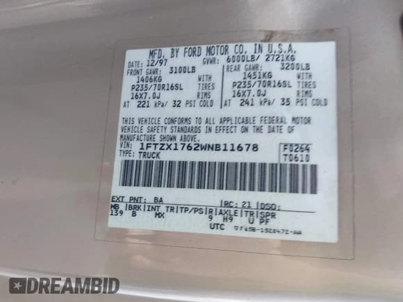 ✅ 1998 Ford F-150 • VIN: 1FTZX1762WNB11678 • Lot: 43787381. Wystawiony na IAAI z przebiegiem 97 195 mil. Bezpłatny archiwum sprzedaży aukcyjnych z USA i szczegółowy raport historii pojazdu na DreamBid. Zdjęcie 9.