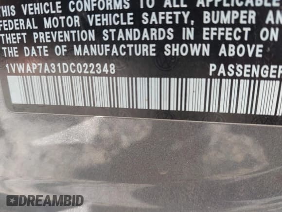 ✅ 2013 Volkswagen Passat S • VIN: 1VWAP7A31DC022348 • Lot: 42666484. Listed on IAAI with 174,540 mi. Free auction sales archive from the USA and detailed vehicle history report at DreamBid. Image 9.