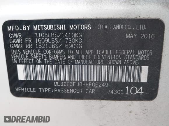 ✅ 2017 Mitsubishi Mirage ES • VIN: ML32F3FJ8HHF06249 • Lot: 43552436. Listed on IAAI with 73,565 mi. Free auction sales archive from the USA and detailed vehicle history report at DreamBid. Image 9.
