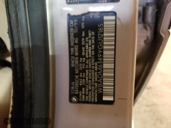 ✅ 2000 BMW 5 Series 528i • VIN: WBADM6349YGU12165 • Lot: 67863904. Listed on Copart with 126,971 mi. Free auction sales archive from the USA and detailed vehicle history report at DreamBid. Image 12.