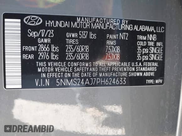 2023 Hyundai Santa Fe SEL z VIN 5NMS24AJ7PH624633, wystawiony jako IAAI lot #43543478 z przebiegiem 46 830 mil mil oraz . Historia ofert i sprzedaży dostępna na DreamBid. Obrazek 9.