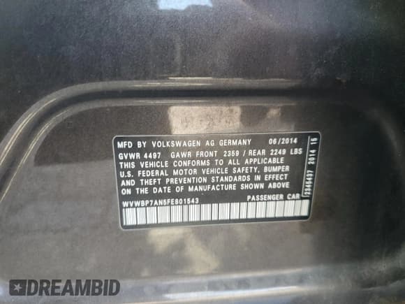 ✅ 2015 Volkswagen CC Sport • VIN: WVWBP7AN5FE801543 • Lot: 84891525. Listed on Copart with 93,814 mi. Free auction sales archive from the USA and detailed vehicle history report at DreamBid. Image 12.