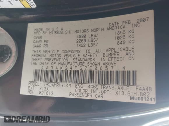 ✅ 2007 Mitsubishi Eclipse GS • VIN: 4A3AK24F67E065714 • Lot: 43644132. Listed on IAAI with Not provided. Free auction sales archive from the USA and detailed vehicle history report at DreamBid. Image 9.