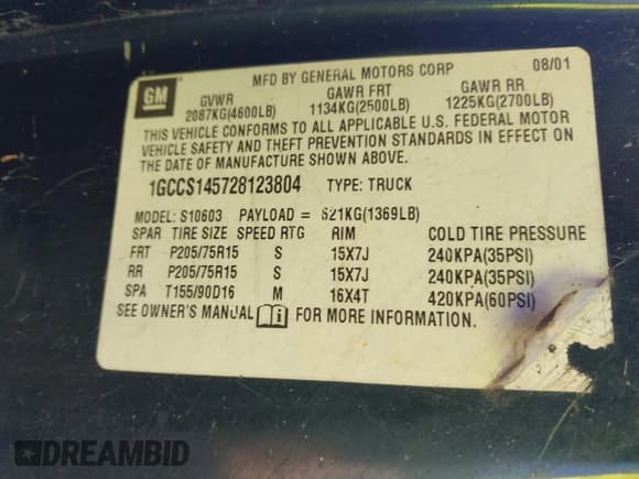 ✅ 2002 Chevrolet S-10 LS • VIN: 1GCCS145728123804 • Лот: 43373032. Опубликован ранее на IAAI с пробегом 234 298 миль. Бесплатный доступ к архиву аукционных продаж из США и подробный отчёт об истории автомобиля на DreamBid. Изображение 9.