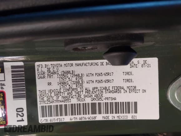 ✅ 2021 Toyota Tacoma SR • VIN: 3TMCZ5AN7MM440553 • Lot: 43609596. Listed on IAAI with 61,689 mi. Free auction sales archive from the USA and detailed vehicle history report at DreamBid. Image 9.