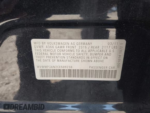 ✅ 2012 Volkswagen CC Sport • VIN: WVWMP7AN2CE509238 • Lot: 43299924. Listed on IAAI with 84,878 mi. Free auction sales archive from the USA and detailed vehicle history report at DreamBid. Image 9.