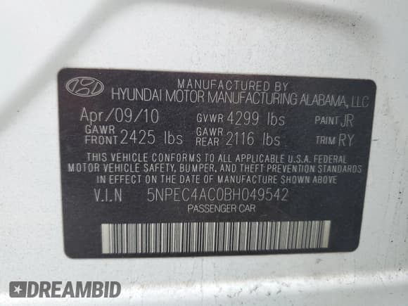 ✅ 2011 Hyundai Sonata SE • VIN: 5NPEC4AC0BH049542 • Lot: 73305704. Listed on Copart with 174,905 mi. Free auction sales archive from the USA and detailed vehicle history report at DreamBid. Image 12.