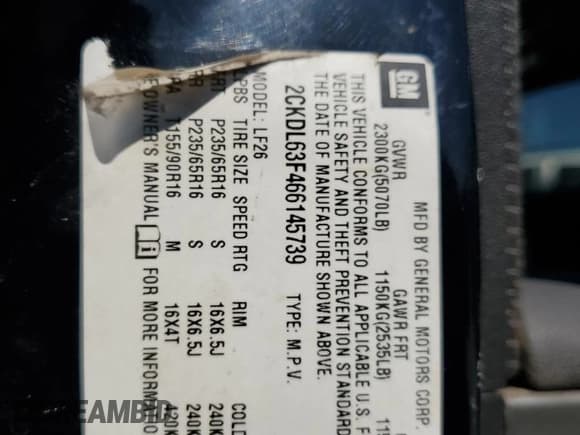 ✅ 2006 Pontiac Torrent • VIN: 2CKDL63F466145739 • Lot: 81212985. Listed on Copart with 196,618 mi. Free auction sales archive from the USA and detailed vehicle history report at DreamBid. Image 13.