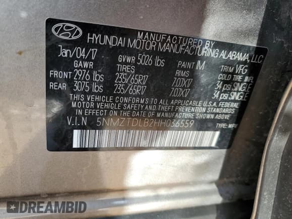 ✅ 2017 Hyundai Santa Fe 2.4L • VIN: 5NMZTDLB2HH036559 • Лот: 40097893. Опубликован ранее на Copart с пробегом Не указан. Бесплатный доступ к архиву аукционных продаж из США и подробный отчёт об истории автомобиля на DreamBid. Изображение 13.