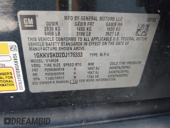 ✅ 2013 GMC Acadia SLT • VIN: 1GKKVSKD2DJ176333 • Lot: 43740854. Listed on IAAI with 226,894 mi. Free auction sales archive from the USA and detailed vehicle history report at DreamBid. Image 9.