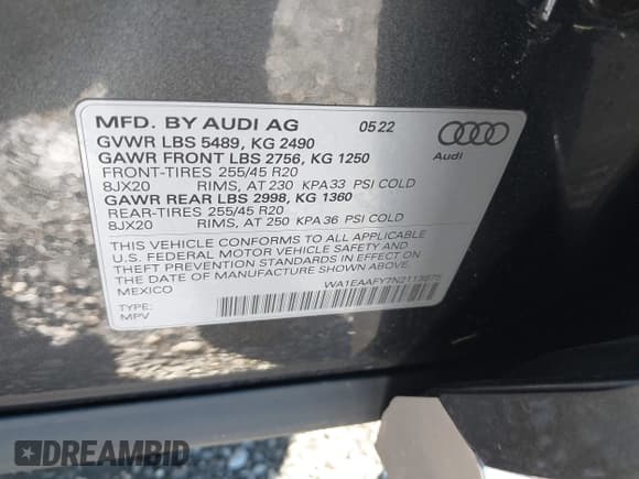 ✅ 2022 Audi Q5 S line Premium Plus • VIN: WA1EAAFY7N2113875 • Lot: 43827928. Wystawiony na IAAI z przebiegiem 45 581 mil. Bezpłatny archiwum sprzedaży aukcyjnych z USA i szczegółowy raport historii pojazdu na DreamBid. Zdjęcie 9.