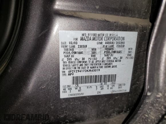 ✅ 2003 Mazda Tribute LX • VIN: 4F2YZ94173KM45019 • Lot: 65334765. Listed on Copart with 182,926 mi. Free auction sales archive from the USA and detailed vehicle history report at DreamBid. Image 13.