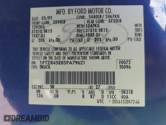 ✅ 2005 Ford Ranger XLT • VIN: 1FTZR45E85PA79621 • Лот: 43524699. Опубликован ранее на IAAI с пробегом 117 704 миль. Бесплатный доступ к архиву аукционных продаж из США и подробный отчёт об истории автомобиля на DreamBid. Изображение 9.