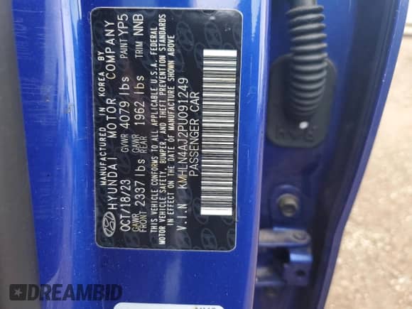 2023 Hyundai Elantra Limited с VIN KMHLN4AJ2PU091249, выставлен на аукционе Copart как лот 61243225 с пробегом 15 402 миль миль и Списание • Salvage title. История ставок и продаж доступна на DreamBid. Изображение 12.