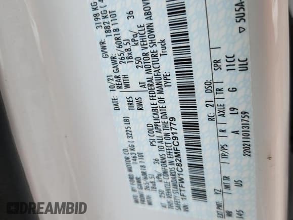 ✅ 2021 Ford F-150 • VIN: 1FTFW1C82MFC91779 • Lot: 70022535. Listed on Copart with 43,170 mi. Free auction sales archive from the USA and detailed vehicle history report at DreamBid. Image 12.