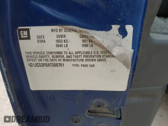 ✅ 2004 Chevrolet Cavalier • VIN: 1G1JC52F847308761 • Lot: 42430903. Listed on IAAI with Not provided. Free auction sales archive from the USA and detailed vehicle history report at DreamBid. Image 9.