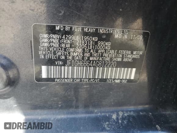 ✅ 2010 Subaru Impreza i Premium • VIN: JF1GH6B64AG812220 • Lot: 54673675. Listed on Copart with 147,100 mi. Free auction sales archive from the USA and detailed vehicle history report at DreamBid. Image 12.