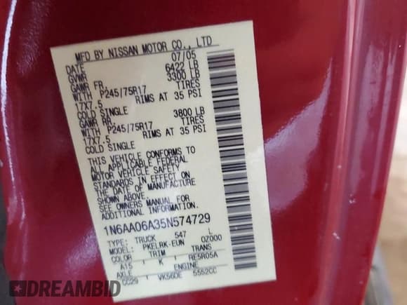 ✅ 2005 Nissan Titan SE • VIN: 1N6AA06A35N574729 • Лот: 68738605. Опубликован ранее на Copart с пробегом 52 800 миль. Бесплатный доступ к архиву аукционных продаж из США и подробный отчёт об истории автомобиля на DreamBid. Изображение 13.