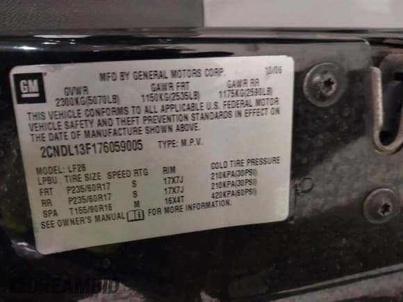 ✅ 2007 Chevrolet Equinox LS • VIN: 2CNDL13F176059005 • Лот: 41315356. Опубликован ранее на IAAI с пробегом 146 044 миль. Бесплатный доступ к архиву аукционных продаж из США и подробный отчёт об истории автомобиля на DreamBid. Изображение 9.