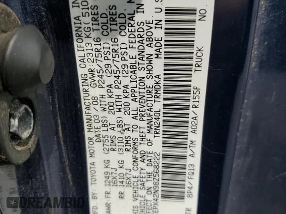 ✅ 2008 Toyota Tacoma • VIN: 5TEPX42N98Z568222 • Lot: 68598325. Wystawiony na Copart z przebiegiem 238 960 mil. Bezpłatny archiwum sprzedaży aukcyjnych z USA i szczegółowy raport historii pojazdu na DreamBid. Zdjęcie 12.