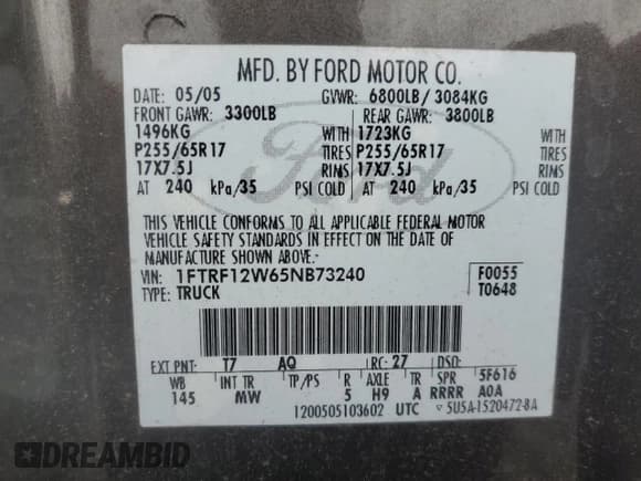 ✅ 2005 Ford F-150 XL • VIN: 1FTRF12W65NB73240 • Лот: 90619895. Опубликован ранее на Copart с пробегом 206 674 миль. Бесплатный доступ к архиву аукционных продаж из США и подробный отчёт об истории автомобиля на DreamBid. Изображение 13.