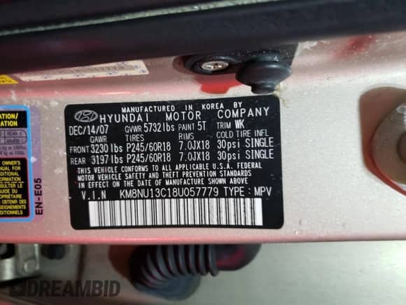 2008 Hyundai Veracruz GLS с VIN KM8NU13C18U057779, выставлен на аукционе Copart как лот 45665695 с пробегом 83 424 миль миль и Списание • Salvage title. История ставок и продаж доступна на DreamBid. Изображение 13.