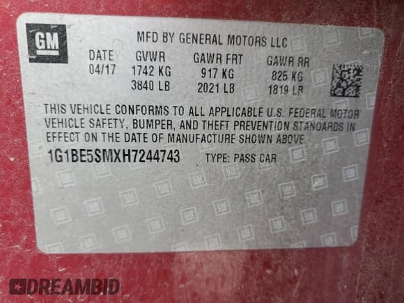 ✅ 2017 Chevrolet Cruze LT • VIN: 1G1BE5SMXH7244743 • Lot: 68309732. Listed on Copart with 78,597 mi. Free auction sales archive from the USA and detailed vehicle history report at DreamBid. Image 12.