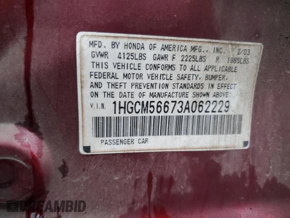 ✅ 2003 Honda Accord EX • VIN: 1HGCM56673A062229 • Lot: 82617675. Listed on Copart with 164,181 mi. Free auction sales archive from the USA and detailed vehicle history report at DreamBid. Image 12.