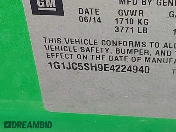 ✅ 2014 Chevrolet Sonic LT • VIN: 1G1JC5SH9E4224940 • Lot: 43197953. Listed on IAAI with 128,391 mi. Free auction sales archive from the USA and detailed vehicle history report at DreamBid. Image 9.